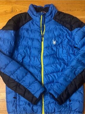 Spyder Royal Blue Puffer Jacket with Black Panels and Yellow Zipper